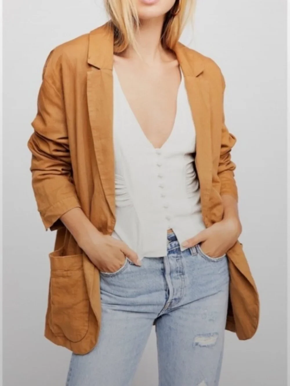 Free People Linen Blend Slouchy Blazer L Tan Rust Oversized Single Button - Picture 1 of 6